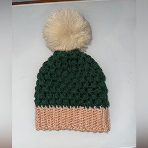 Handmade Crochet Green and Pink Knit Beanie with Pom Pom